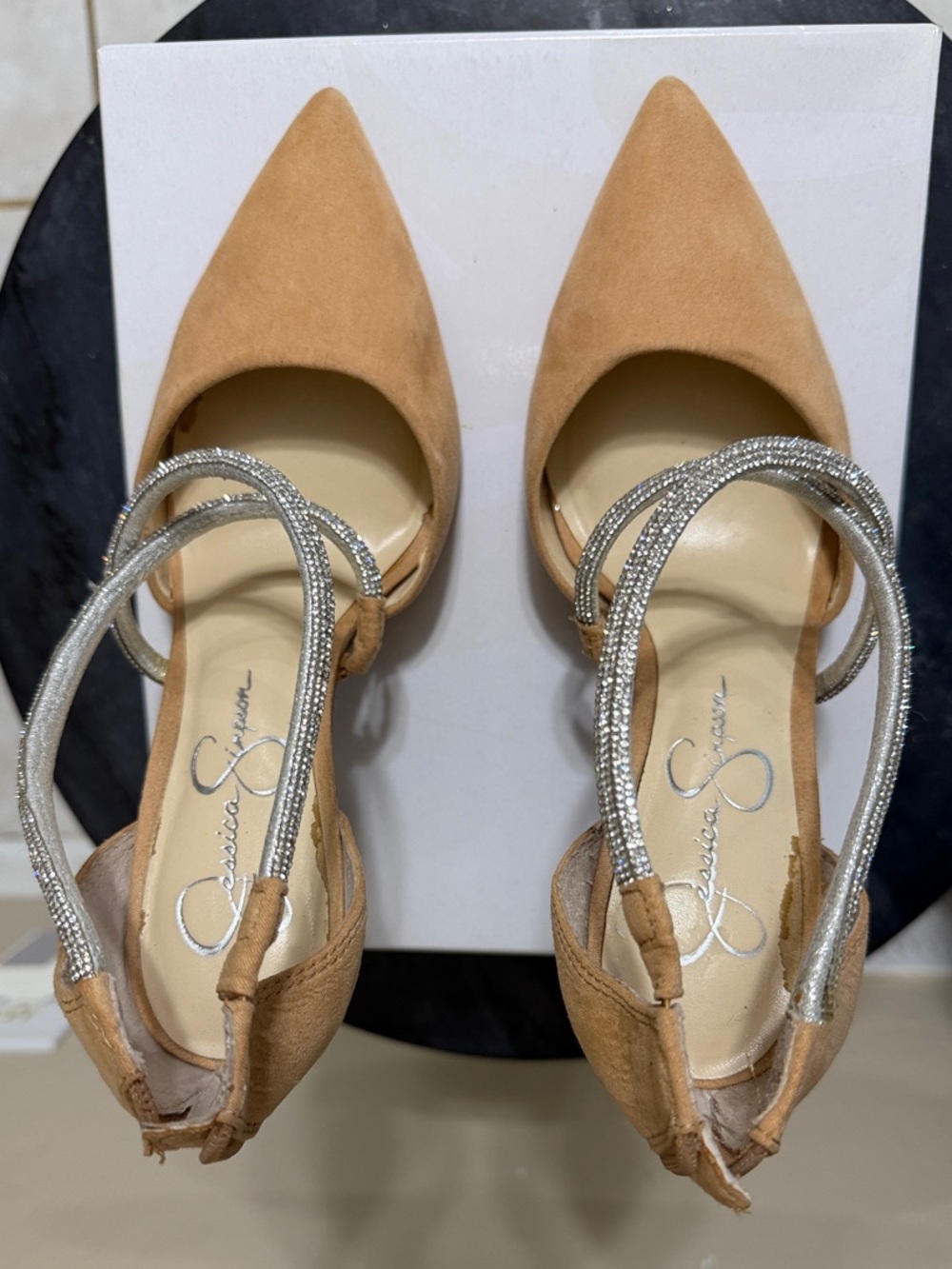Jessica Simpson Tan Pointed Slingback Pumps with Silver Straps